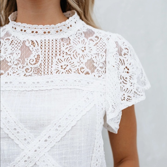 White Geometric Cotton + Lace Blouse - Picture 2 of 3